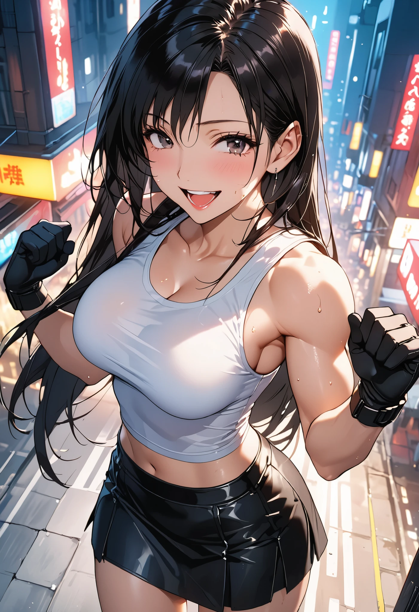 masterpiece, Best Quality, High resolution,16k,official art,super detailed skin,detailed,animated painting, (Tifa Lockhart:1.3),1990s \(style\),(white tanktop,black mini skirt,black glove:1.3)、(G-cup beautiful breasts)、clevage, (tall:1.3),height: 170cm,Fashion model body type、Sweating all over the body、vapor、(Muscular:1.4)、abdominal muscle,(sexy),nsfw,Sweaty、Configuration from the front、from above,happy,big laugh,Ahegao、Anime-style painting style,black hair,long hair,Close up on full body,Cinematic lighting,Superfine,in the city,night,winter,cyberpunk,(sexy),extreme closeup,sexy pose,(ahegao:1.2),(Vulgarity:1.1),(So stupid:1.1),(orgasm,extasy smile:1.1)