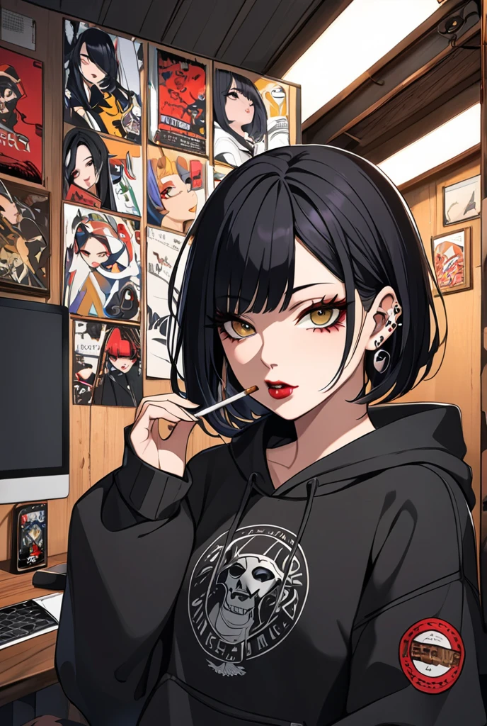  streaming room、 black hair、woman、Bob、 hoodie、Lip Piercing、 digital art、tobacco