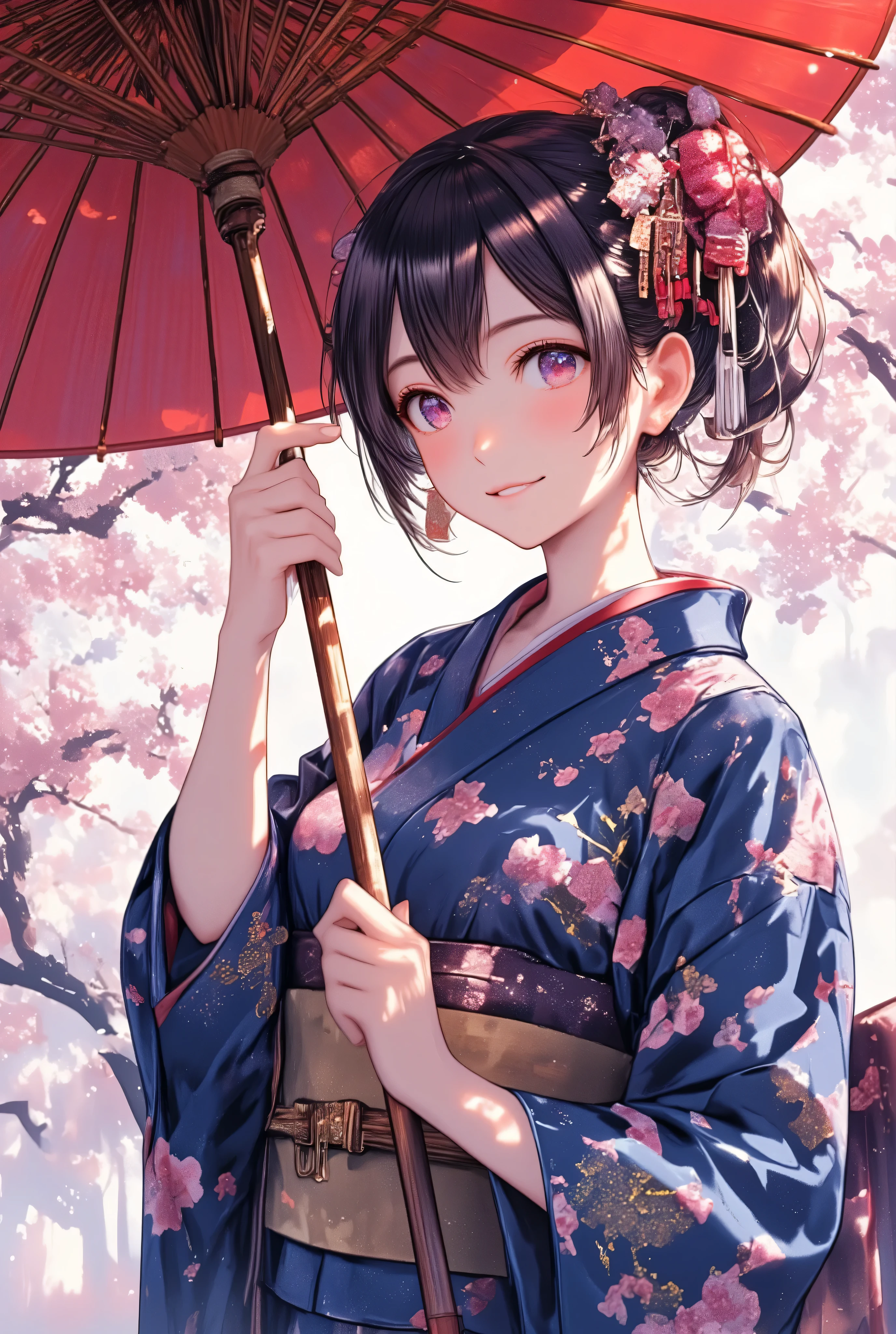 ( best quality :1.5), ( ultra high definition:1.5), (Anatomically Accurate Human Structure), (masterpiece), Accurate, more details,  high detail,Award-winning works,32K,  professional illustration , Absurd ,Young woman holding a Japanese umbrella,  Cute Japanese woman holding a Japanese umbrella in her hand ,  A beautiful and cute woman wearing a Japanese navy blue kimono standing with a Japanese umbrella, upper body shot above the knee ,  1 Japanese woman, 20 years old, Height: 158cm,  looking at me with a very cute smile , Beautiful Japanese-style hair ornaments that suit a kimono ponytail,Red and pink Japanese style hair ornaments , Navy blue Nishijin textile kimono with a beautiful and detailed cherry blossom pattern , Japanese Style , beautiful anime portrait, detailed portrait of an anime girl ,  amazing beautiful anime portrait ,  beautiful anime woman  ,  Digital animated illustration with a very detailed depiction , Very artistic, realistic,  beautiful anime girl showing beautiful and detailed skin ,  ponytail, Beautiful dark blue kimono , standing with cherry trees and cherry blossom fuki in the background , Accurate , Accurate ,  Accurate, Five fingers on a hand