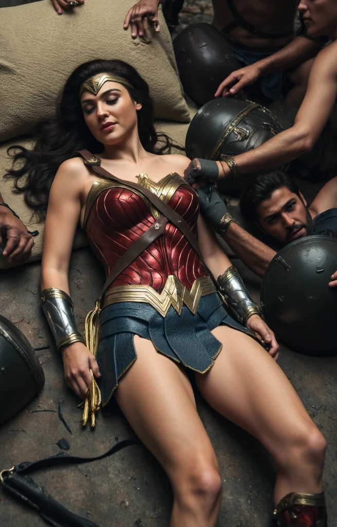 Gal Gadot is Wonder woman, lying unconscious, semen on her thighs, semen on face, a lot of ancient Greek soldier around, they all naked,