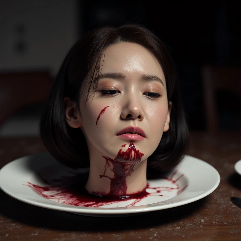   place the head of a decapitated woman , Asia,  Less blood stains   , ((  with eyes closed )),   like a dish on a plate  , Bloody,  actual , 4K, Nikon, fear