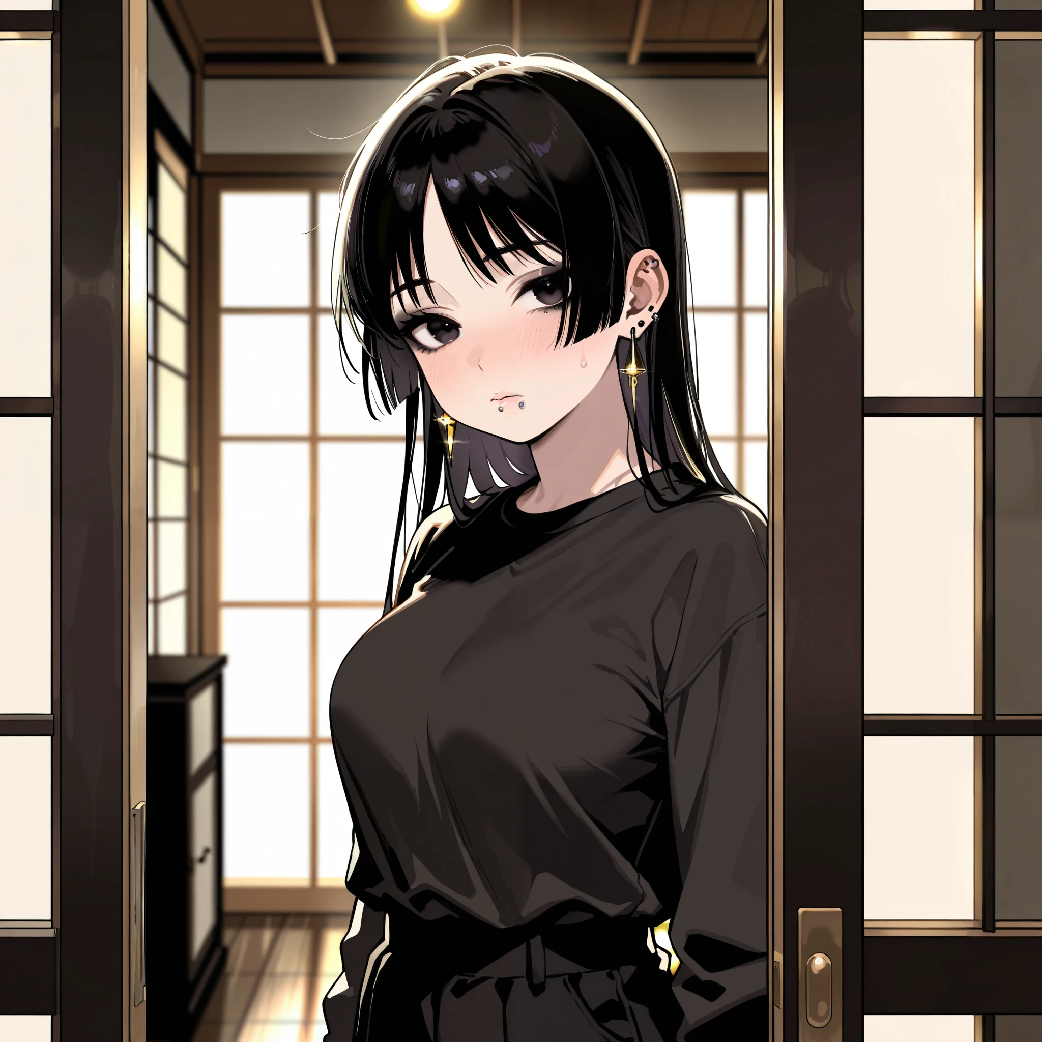 A woman standing in a doorway of Japanese renovated house, lights only coming from the windows black hime hair, even bangs, Black tucked in shirt, Lip piercing in middle, Black mira earrings with a nervous expression and trying to maintain composure, head tilted staring at viewer, up-close to her face, medium breasts dark eyes, black eyeshadow, soft plump lips, solo