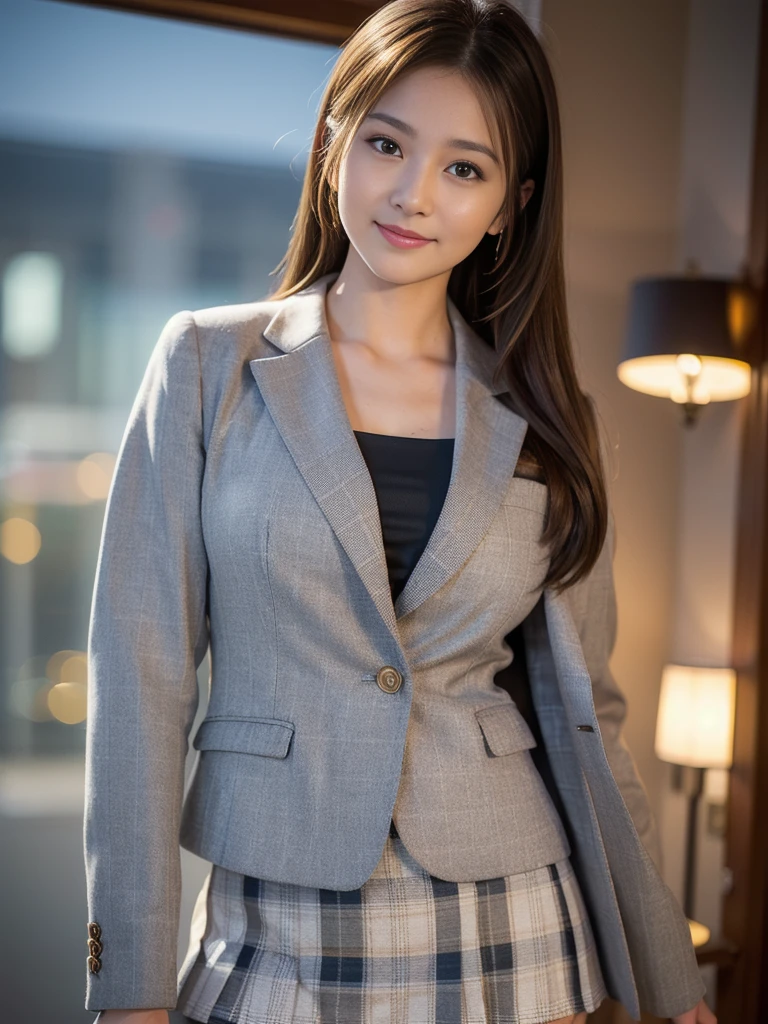 ((Highest quality、Ultra-high resolution、masterpiece))、(Full Body Portrait)、Gray Blazer、(shirt)、(Grey long skirt:1.3)、(silk pantyhose)、High heels、(When sitting, both legs look beautiful.)、1 girl、(Large Breasts)、(Perfect Anatomy, Perfect body, Perfect hands, Perfect Face, Perfect Eyes, Accurate, Anatomically correct), Perfectly clear and sharp focus, ((Highest quality、Ultra-high resolution, masterpiece, Ultra-realistic))、Modern architecture at night on the background、Professional Lighting