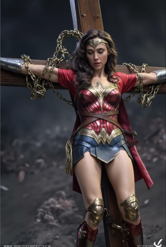 Gal Gadot is Wonder woman, lying unconscious, crucifixion on the cross, her wrist are bond by chain,