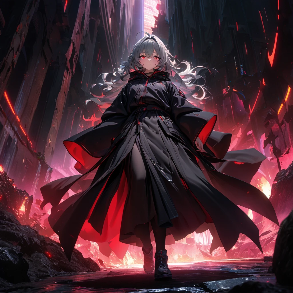 (( best quality ,8k，Absurd Resolution，16k, masterpiece: 1.3))An anime boy with gray hair and red eyes is staring at the camera、 red glowing eyes 、 slim、 wearing a black robe、Shadow Body、 colorful background、 tousled hair， 8K ultra HD, HDR， Unique Design ，One of a kind，A magnificent composition， one scene， anime style ， Studio Lighting ，Original elements， full body description， dynamic angle，Iconic， Dynamic Lighting ， Professional Color Grading，original，Extreme detail，Glow effect