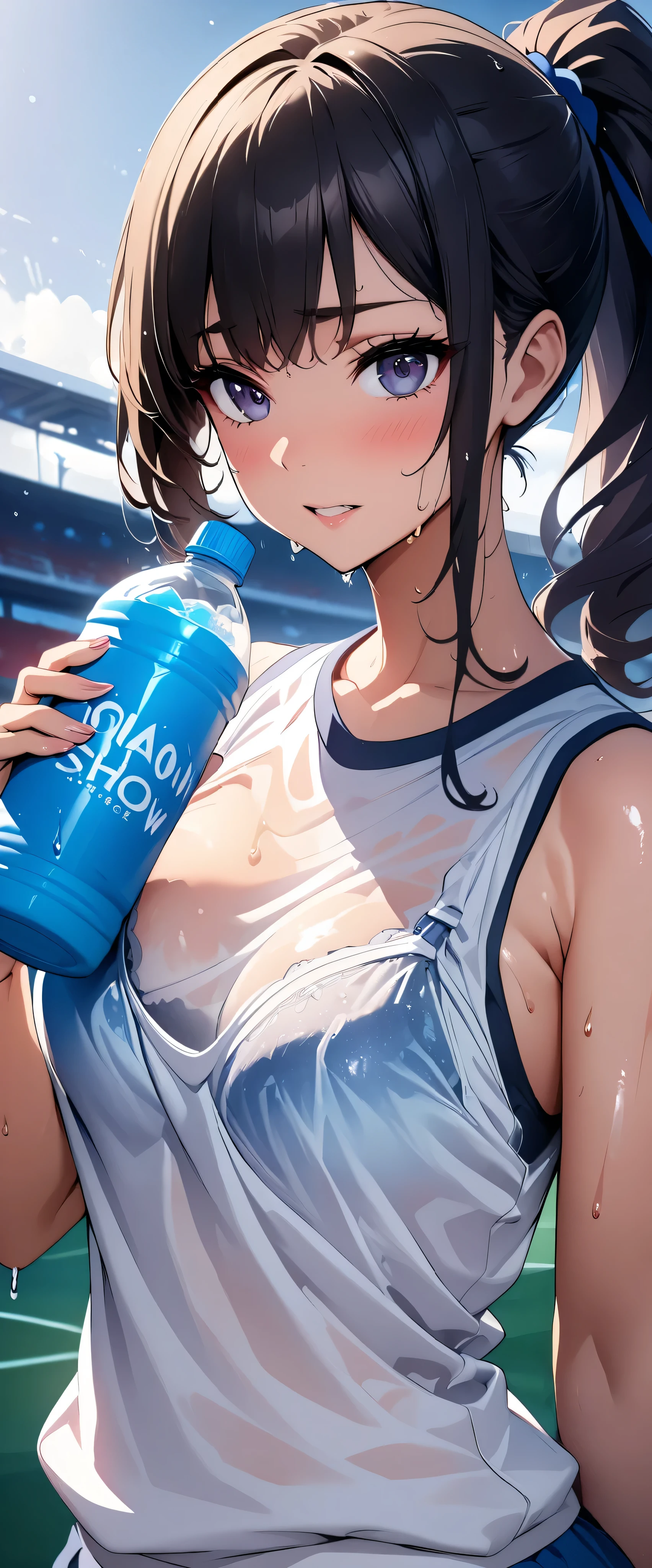 (((masterpiece)))、(( top quality ))、( super detailed )、(CG illustration)、(Very beautiful woman))、 movie-like light 、((1 Female))、 、(Beautiful and luxurious:1.2)、( One Woman :1.3)Sports Stadium,,((Japanese white sleeveless gym clothes), wet with sweat ,Beautiful ponytail,Drink a sports drink,,Rokka,( the clothes show through and you can see the bra)