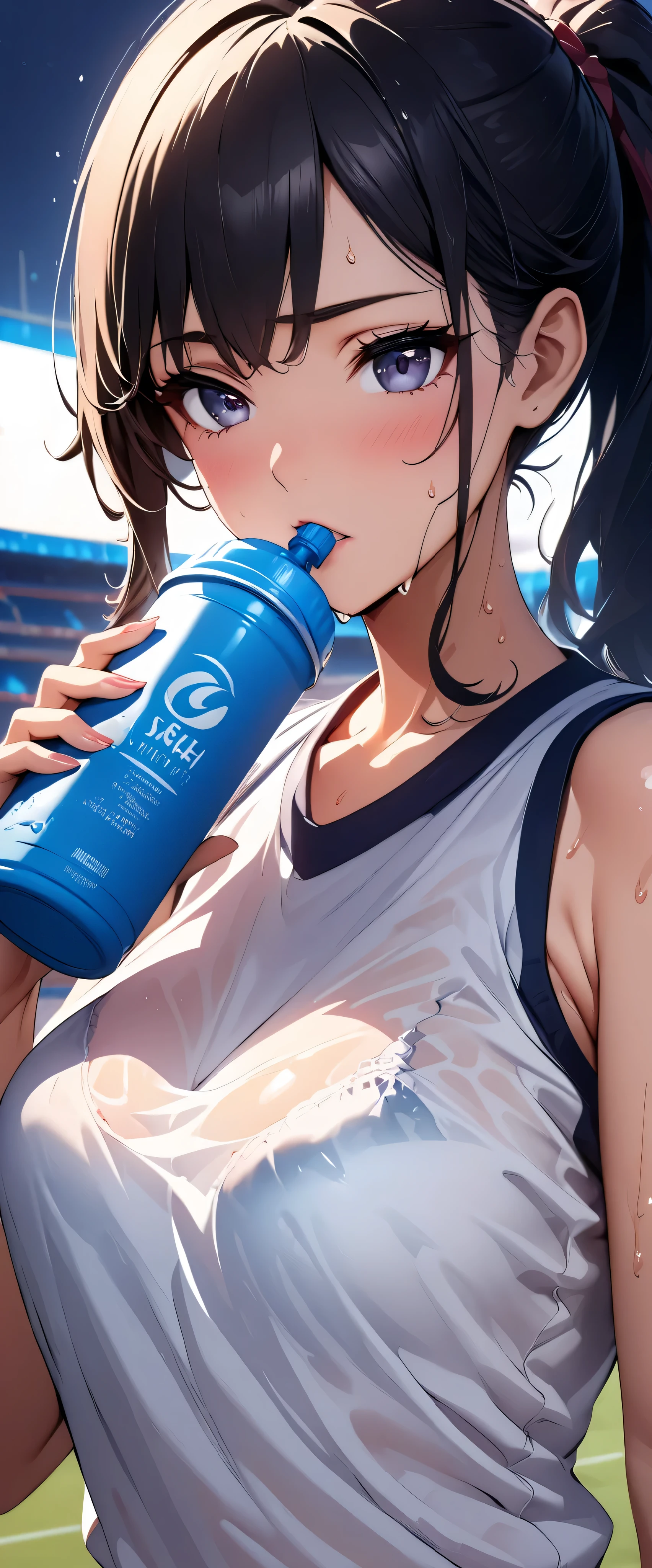 (((masterpiece)))、(( top quality ))、( super detailed )、(CG illustration)、(Very beautiful woman))、 movie-like light 、((1 Female))、 、(Beautiful and luxurious:1.2)、( One Woman :1.3)Sports Stadium,,((Japanese white sleeveless gym clothes), wet with sweat ,Beautiful ponytail,Drink a sports drink,,Rokka,( the clothes show through and you can see the bra)