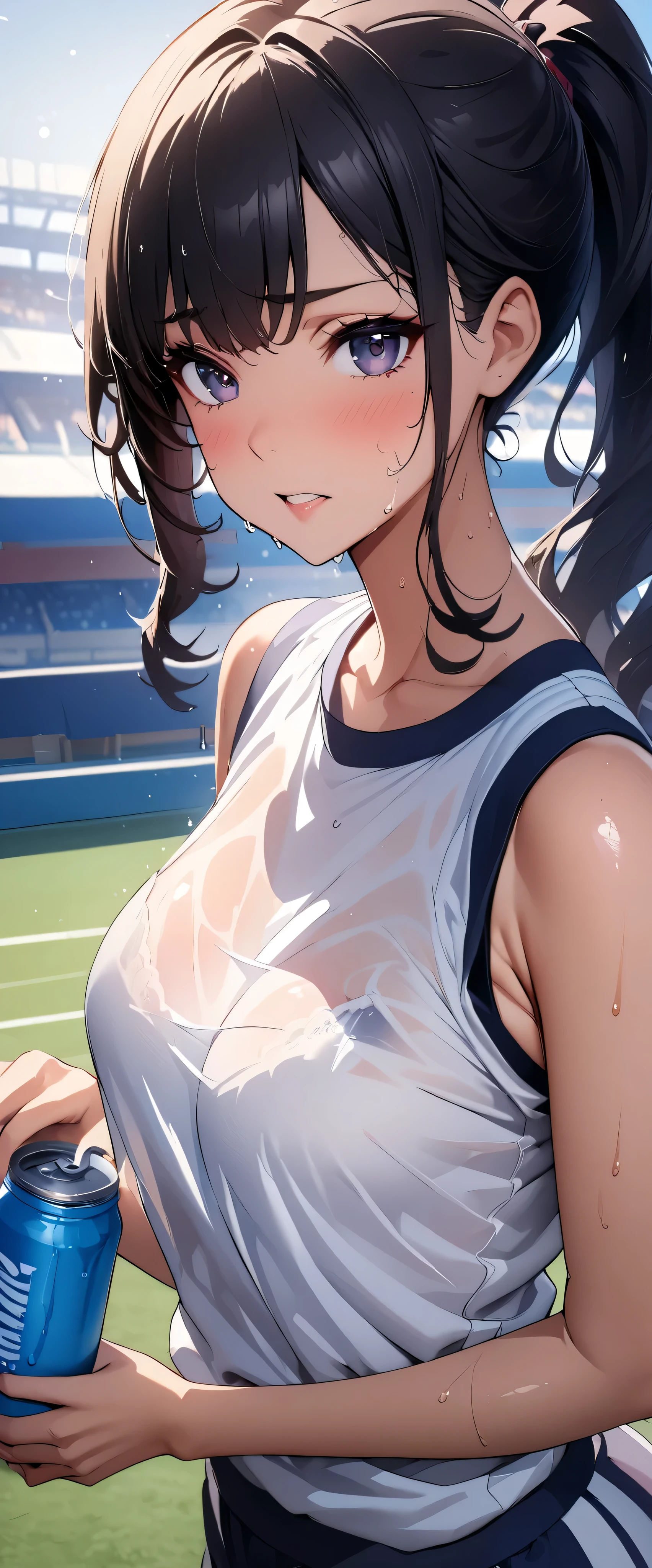 (((masterpiece)))、(( top quality ))、( super detailed )、(CG illustration)、(Very beautiful woman))、 movie-like light 、((1 Female))、 、(Beautiful and luxurious:1.2)、( One Woman :1.3)Sports Stadium,,((Japanese white sleeveless gym clothes), wet with sweat ,Beautiful ponytail,Drink a sports drink,,Rokka,( the clothes show through and you can see the bra)