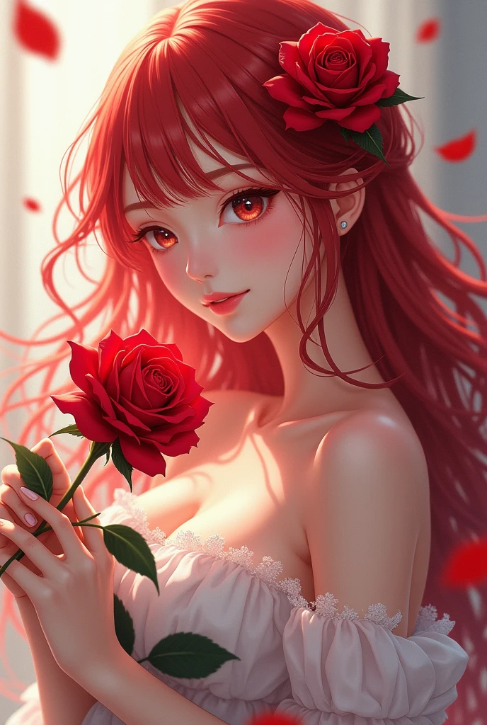 toned, masterpiece, best quality, absurdres, perfect antomy, 1girl, bangs, black background, camellia, close-up, face, eyelashes, flower, heart of string, hibiscus, parted lips, profile, red eyes, red flower, red hair, short hair, solo, spider lily,