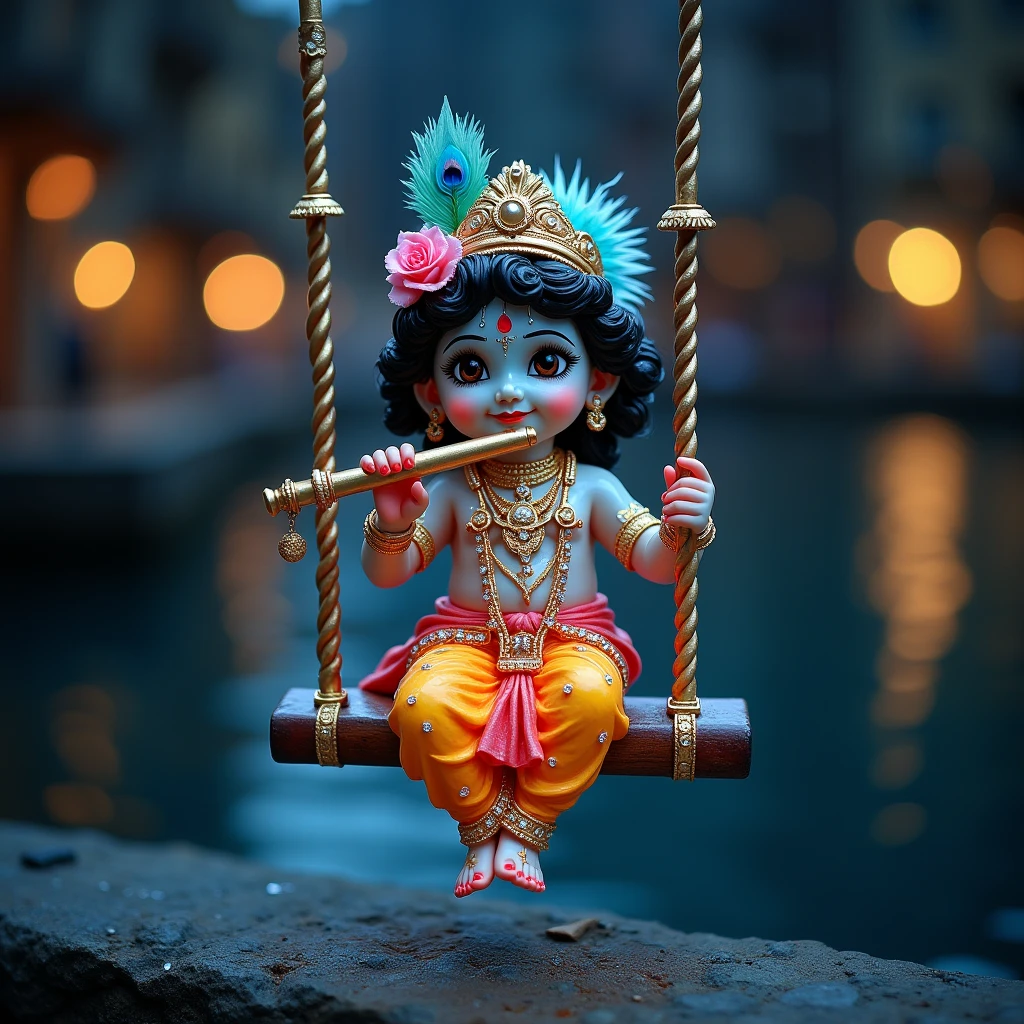 Little krishna on swing with full decoration, background plants and more flowers, HAPPY JANMASTAMI text in middle of photo