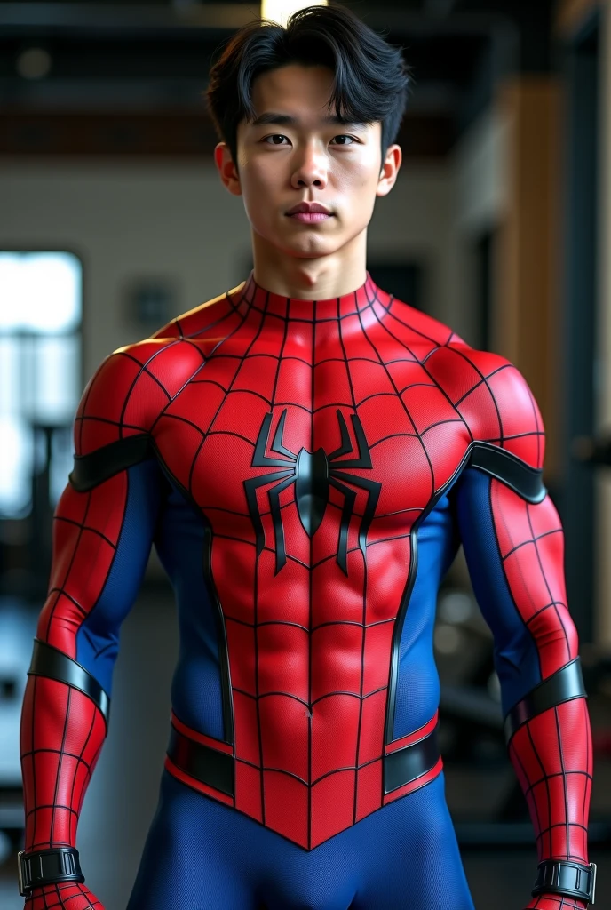 In the captivating picture is a handsome Chinese man 3 with his radiant, white skin like a prince, the background in a large and bold warehouse, his charm radiates as he proudly shows off his sixpack and muscular arms in a full standing pose. He is wearing sexy spider-print underwear, which emphasizes his body shape, He stands in the middle of a giant spider web of his own making, surrounded by a large spider web behind him, Bathed in the golden light of a beautiful day. With unmatched attention to detail., This photorealistic portrait combines Superhero style., Capture every detail of his textured skin in 8k resolution. Leica digital SLR camera. His features are clearly visible., From his deep-set eagle-like eyes to his chiseled jawline., Make this image a true masterpiece.. Lift. (8K UHD、RAW Photography、Leica Digital SLR Photorealistic Portrait、Realistic image), big bulge