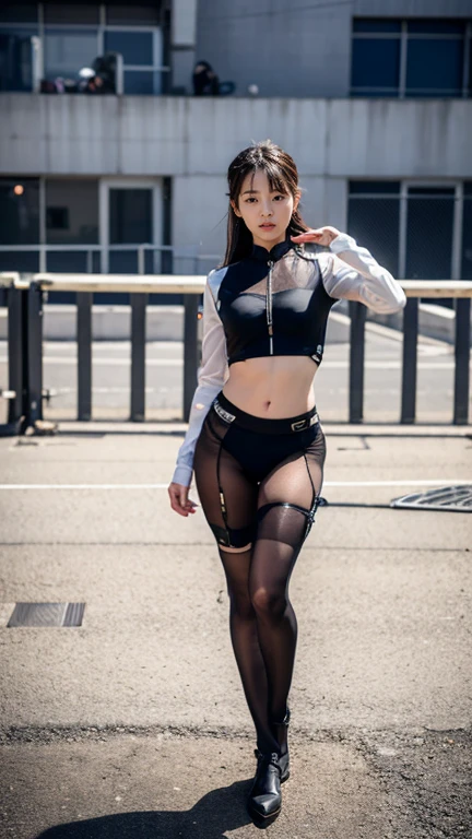 ((best quality, 8k, masterpiece :1.3)), (sharp focus :1.2, Beautiful woman with perfect body :1.4, slim abs), ((big bust, emphasize division, Underboob is noticeable:1.5)), (Photorealistic:1.4), (realistic:1.4), (ponytail hair, light brown hair:1.5), Highly detailed face and skin texture, fine particles, double eyelid. makeup face, A little lipstick, Sex appeal, sexy etching pose, (Wearing full body fluorescent tights、Sexy pose with buttocks out against the backdrop of a night street scene。Cold gaze and licking lips。:1.3)