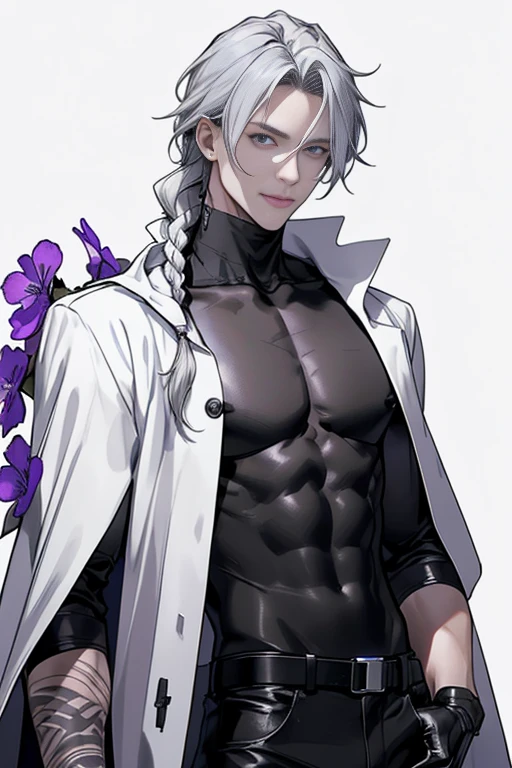 full HD, 4K, better quality, ((1 Adult man, 40 years))), ((white long Hair)), ((grey eyes)),long braid, black turtleneck, black trousers, Black background, Large assembly, Pumped up body, good anatomy, (super detailed face), (Detailed eyes, Even the eyes), soft look, soft expression, ((sweet smile)), Dynamic pose in a white cloak, military, half-naked chest, tattoos on the body, glowing light, ( violet flowers at the background), scars on the chest, look to the side, cyberpunk style, keeps one hand in his pocket, he looks away, (Dynamic pose), leather gloves