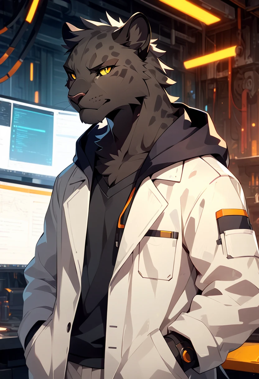 anthropomorphic black leopard with a black pelt wearing a worn dirty lab coat with a black hoodie underneath and grey sweatpants, yellow eyes, furry art, light novel art, detailed anime style, masculine, casual, cool, smirking, workshop background, handsome, engineer, corrective glasses, cyber theme, worker, rugged, young male leopard, detailed furry artwork, close up shot, confident