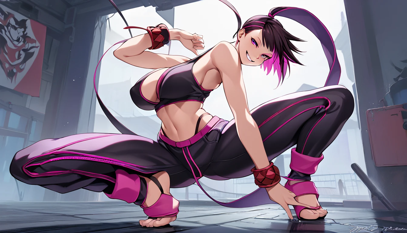 nsfw top quality, super high res, solo, cute, detailed and beautiful face, (short hair),Juri Han (Street Fighter - )big breasts, clothes like innerwear, long pants, pose with good view of legs, sexy legs, villain smile, Juri Han