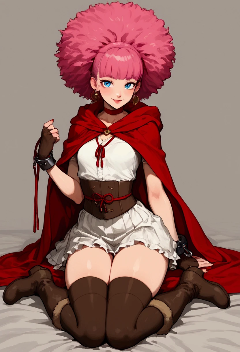 “Character”: (Sill Plain), “Source”: (Rance Quest), “General”: ( 1girl +pink hair +blue eyes +short hair +pink afro +wild bangs +petite +small breast +smile  +slave +thick thighs +Arm Cuffs +Bracelet +red Choker +Cloak +brown Court Shoes +white Crop Top +Earrings +brown Fingerless Gloves +Gloves +white Kimono Jacket +white Kimono Mini Skirt +white Knee-high Socks +Leg Warmers +red Ribbon Hair Tie +brown Thigh-high Boots +white Thigh-high Stockings)