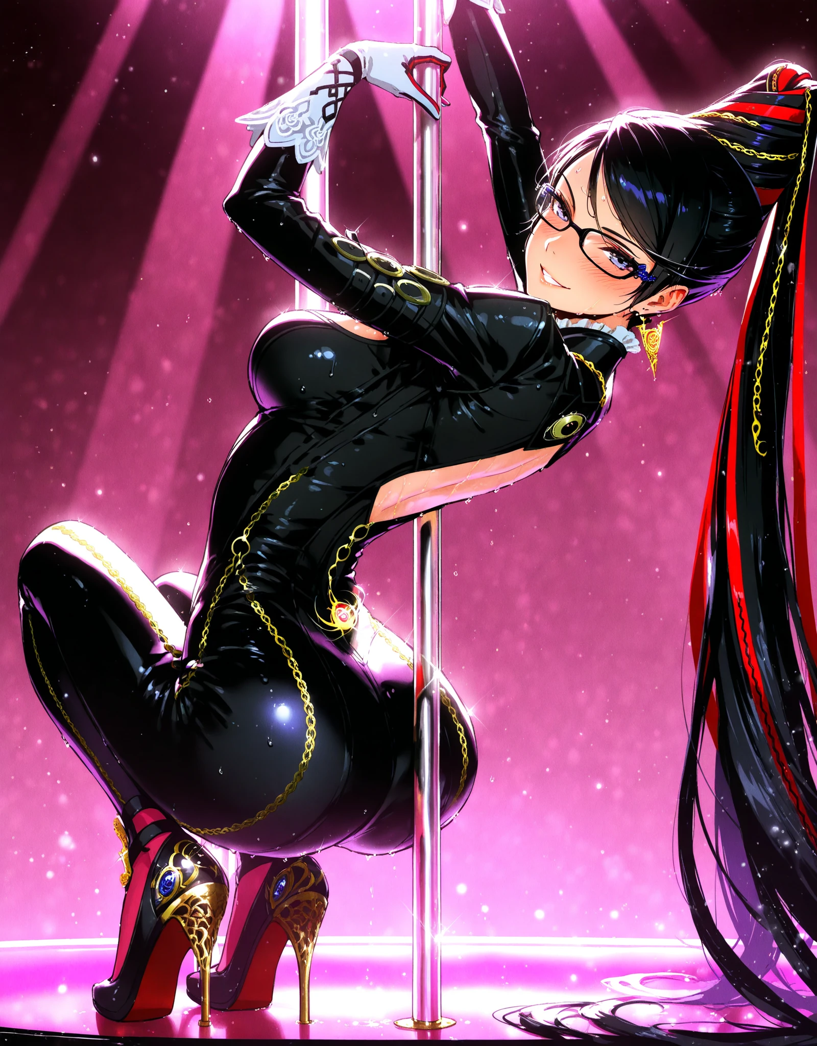 1 girl, Bayonetta, Bayonetta 1 suit, smile, axila, wet, sweat, blush,  backlight , naughty face, pink background, (skin texture:1.2),  curvilinear , reflector,  light particles , 
squatting, ( pole dance:1.5),  High Definition, High quality, full body, high heels