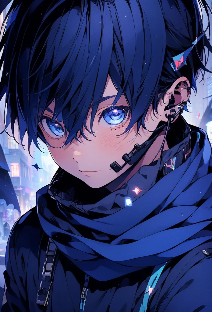 1boy, private,  kaito ( vocaloid \), headset ,coat ,pants ,blue scarf, best quality, face focus, face zoom-in, soft light, ultra high resolution, detailed beautiful face, devil smile, Looking down