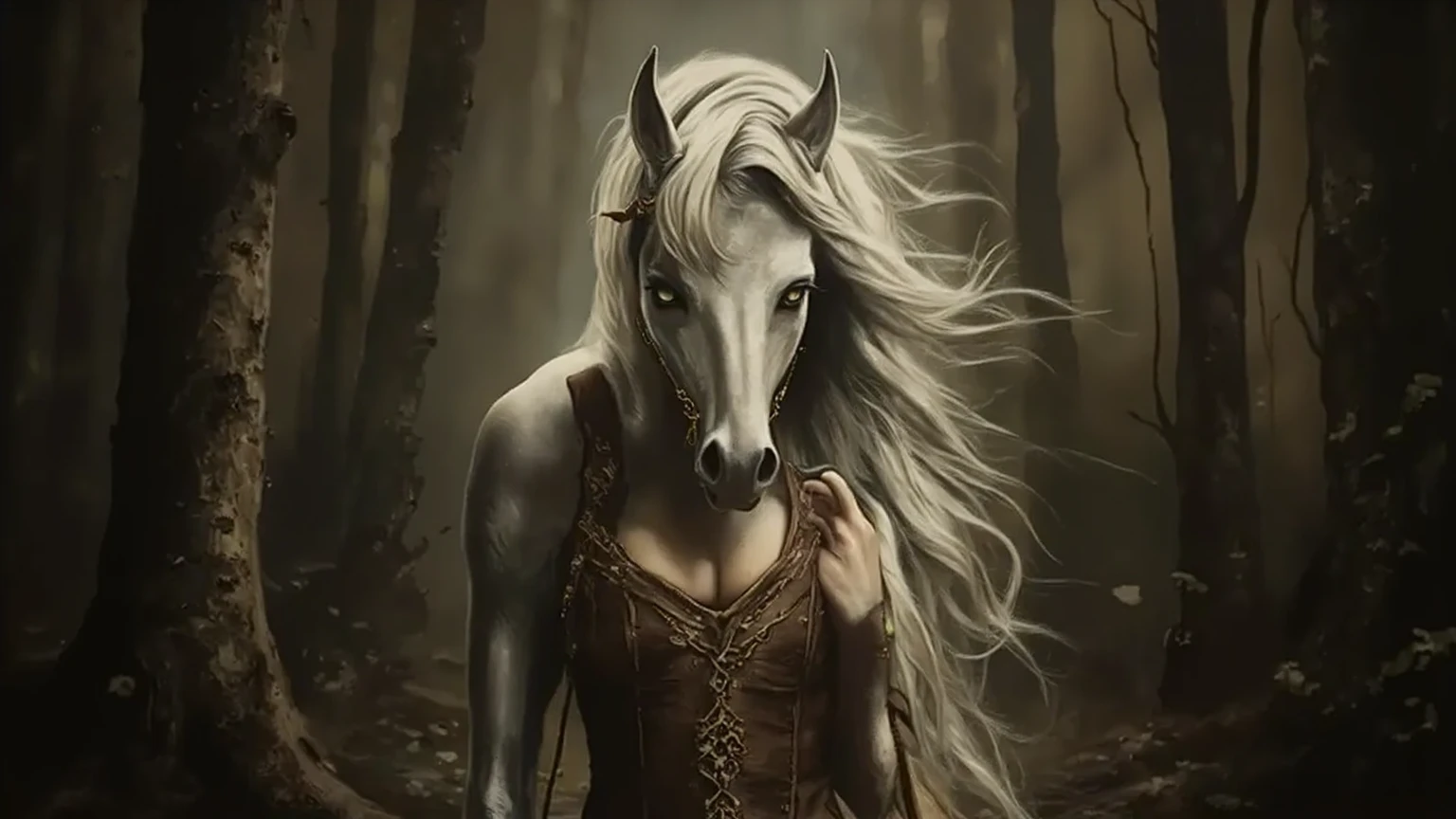 Full body, a realistic female centaur, her stunning upper body is a gorgeous human woman, her legs and lower half a beautiful white Arabian mare, her hair is shock white waves of silk, her eyes a bright mischievous emerald green, she gazes at the viewer seductively and smiles as she makes her way through dark and dense woods, she wears an unbuttoned leather doublet that barely covers her heavy breasts, fantastical, mythical, high definition, 8k, fantasy, realistic, rich textures, perfect hands, perfect face, perfect hair, perfect musculature, 