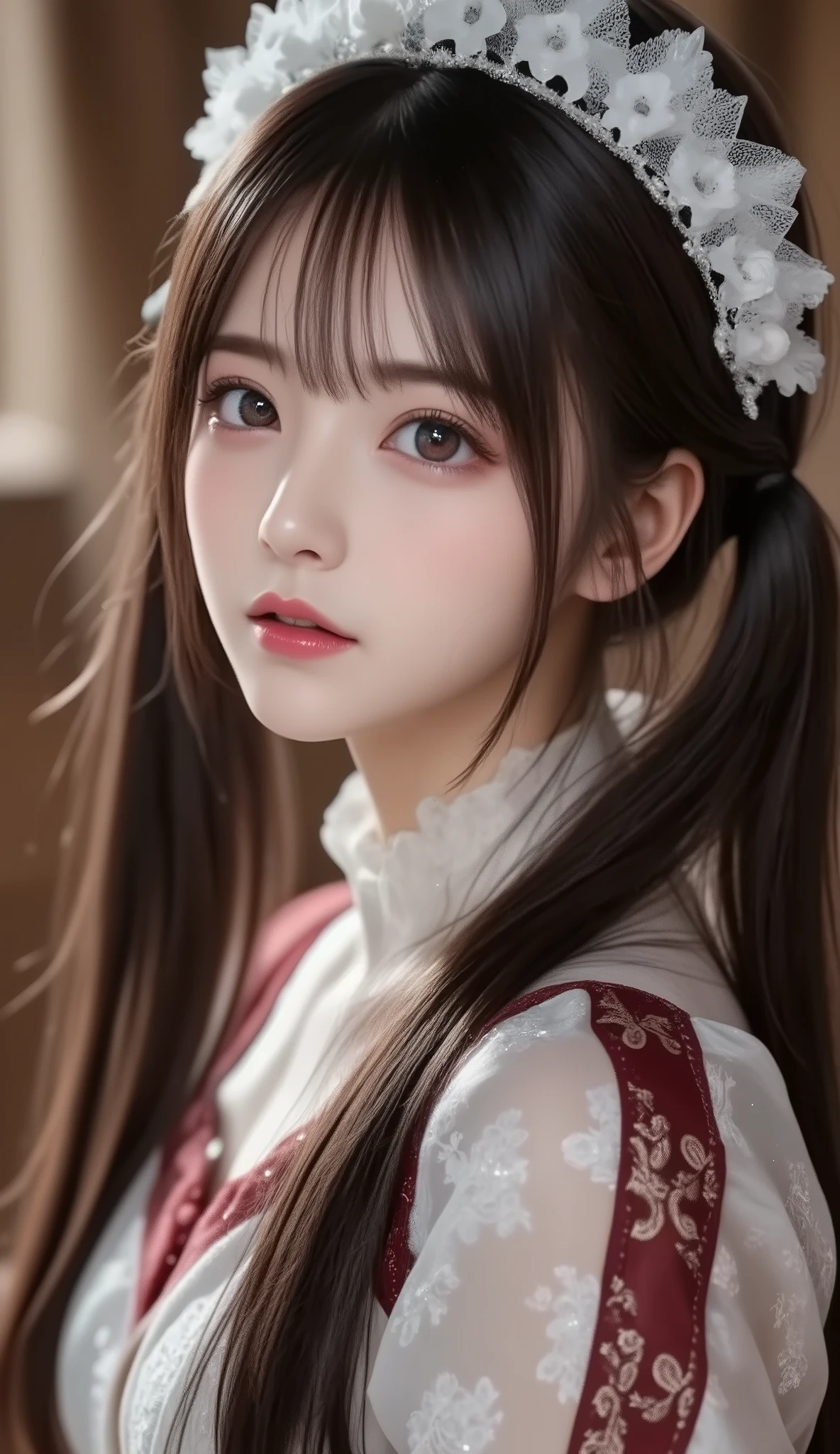 8k,    ultra high definition ,   best quality , Masterpiece,rule of thirds,golden ratio, surreal,photograph,  one woman,(  girl :1.3), cute, cute顔, 細部まで  beautiful eyes, 細かく Details, mature woman, princess,full body,smile, black hair,Short twin tail hair,ID photo,future, Brutal Cyberpunk Woman, luxurious and beautiful ,prairie,(( ethnic costumes:1.5)),Fancy Fashion, Luxurious Decor,(BDSM Femdom),(Cute  girl ),(Upper class woman:1.5), Expression of Despair , dark atmospheric lighting , fine detail,   Detailsな顔,anger,  charming eyes,(ポートレートphotograph:1.4), fantasy art ,(  beautiful faces:1.4),美しく  charming eyes、  beautiful eyes,Silver Remaining,(  Thin Waist:1.4)、( Beautiful :1.4),  pink lips, profile,(((  ideal body shape))),Small bust, A cup :2,、 portrait:2、  perfect anatomy 、鮮明な  Details、  Details, thin lips,完璧で  beautiful faces ,完璧で cute顔,   Meticulous Skin  ,  Perfect Limbs 、  Thin Waist,  surreal,Light and Dark,  fashion magazine cover,bloom