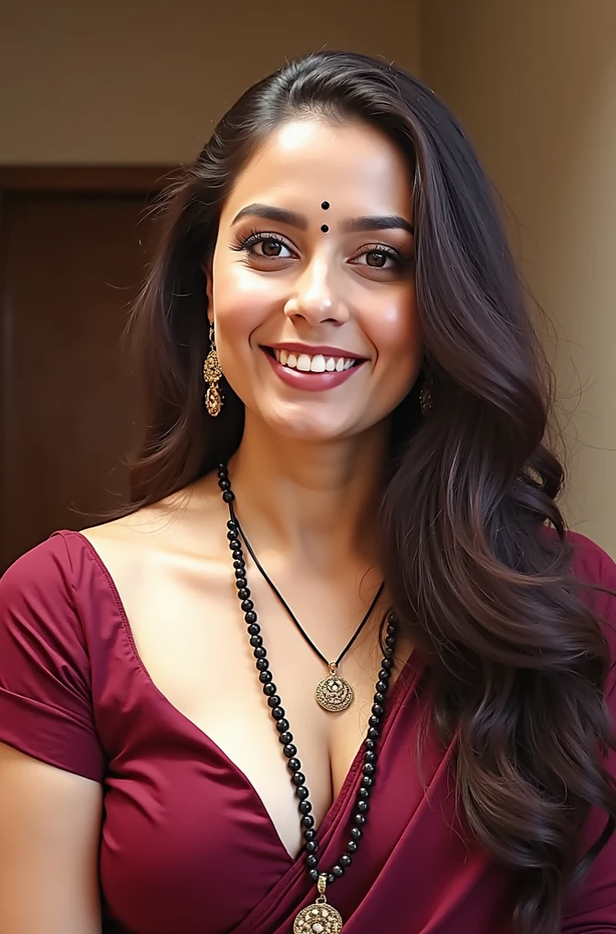 A close picture of Indian, winding, hourglass figure, extremely large Breasts swoop, no bra, pierced nipples, visible nipples, bend down and hanging breasts, Shows deep cleavage, Kneeling in ceremonies, French braid hair, necklace, Sexy maroon saree and not wearing bra, visible nipples, Sultry, Alluring eyes, Look at the viewer and smile, (Cinematic:1.3), Complex details, (ArtStation:1.2,naked