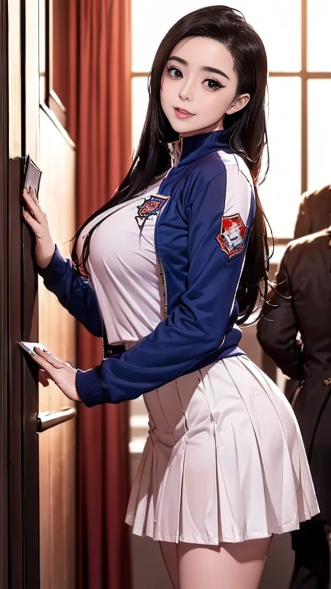 1 plump girl, Alone, Laura Trumpet. acedes (dark blue long hair, Ponytail and side bangs, small boobs), (Inspired by traces of cold steel) Show off her panties in a school uniform, in military school