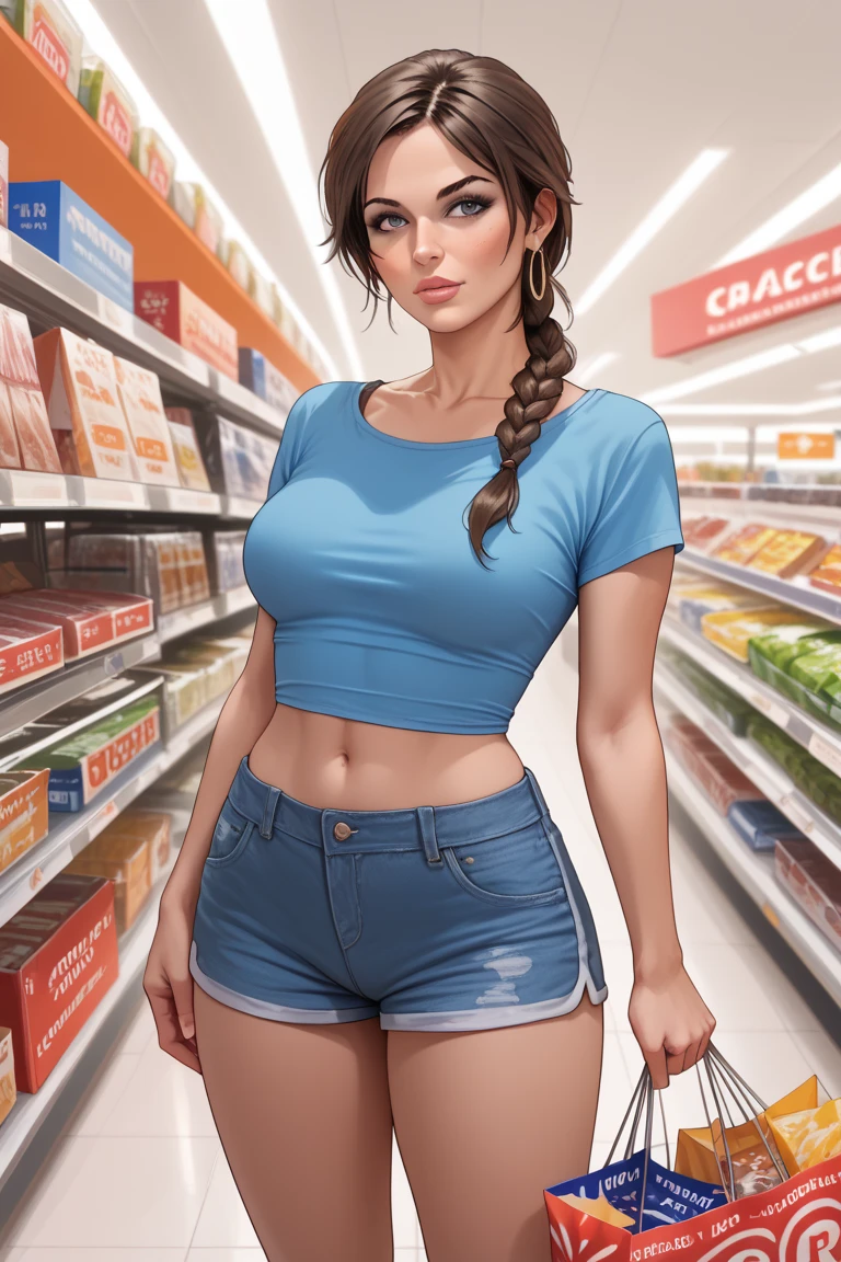 Lara croft holding shopping bags, shorts, blue top, shopping centre background, realism, looking at camera.