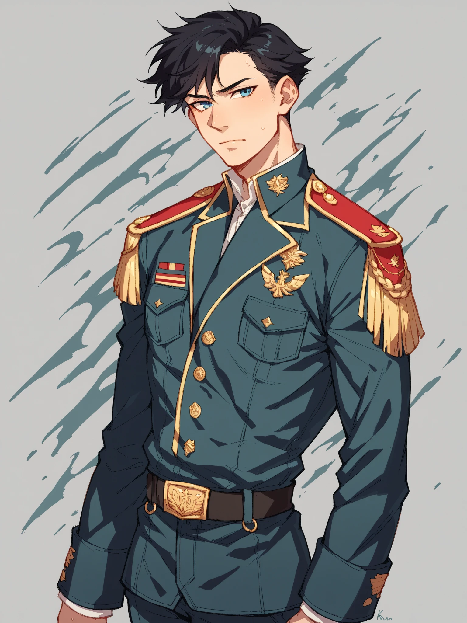 Score _9, Score _8up, Score _7up, Score _6up, Score _5up, Score _4up,  Break
sz4d3k,  abstract background,  Break
young male,  alone, Black hair,  blue eyes , Military uniform, Epaulette ,  trousers,  Break
source_ cartoon,  rating _ safe ,  Break
