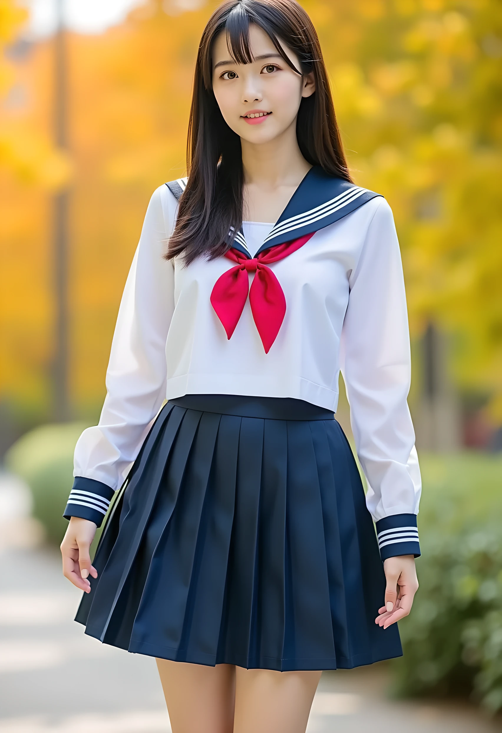 1girl,beautiful japanese   girl,big breast size,sailor uniform,pleated skirt,thigh high socks,full body shot,wide angle shot,(best quality,4k,8k,highres,masterpiece:1.2),ultra-detailed,(realistic,photorealistic,photo-realistic:1.37),intricate details,natural lighting,warm color tones,vibrant colors,soft focus,highqualityphoto