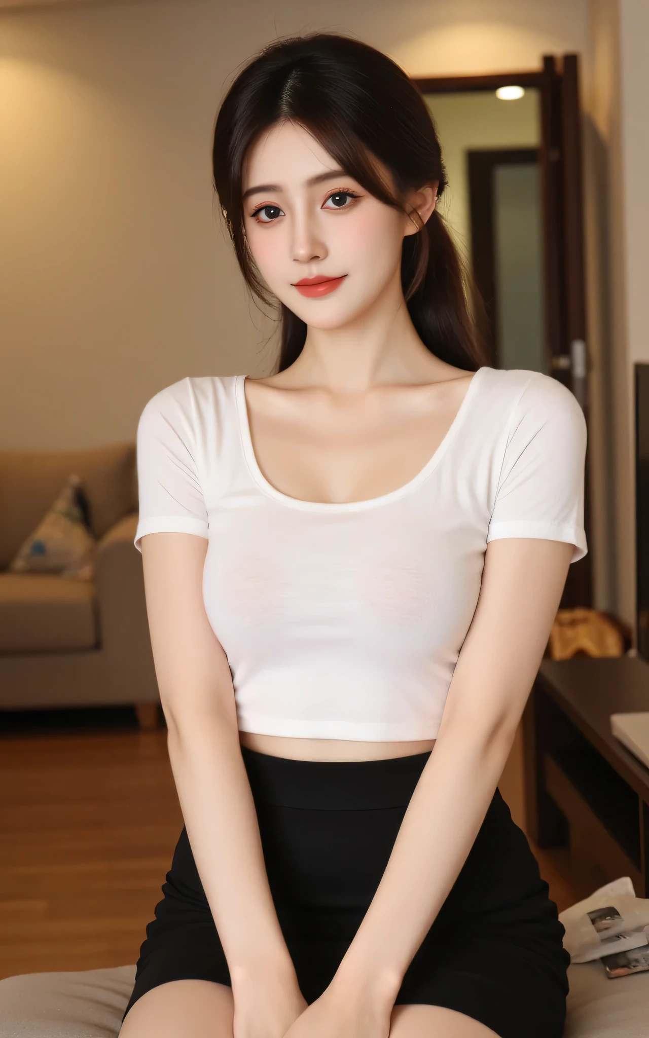 4k, masterpiece, best high quality, ultra-detailed, (ultra realistic:1.3), (clean photo:1.2), (ultra high resuliton:1.3), (soft lighting:1.2), (perfect image coloring), (bright lighting:1.2), photo portrait, girl, indonesian face, 24 years, beautiful face, perfect, sexy body, wearing t-shirt, skirt, big round breasts, chest forward, body looks full, ponytail with bangs, thin smile, background middle of the house