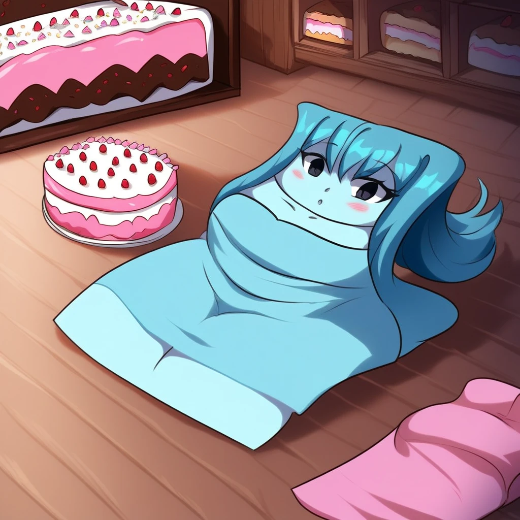 Living cake, score_9, score_8_up,  by fizintine
 sp00kjsm, 1girl, solo, aqua skin, colored skin, blue hair, long hair, solid oval eyes, black eyes, defspooky, lightblue dress, dress, Content:1.2,  floating, indoors, fat, chubby, obese, gigantic arms and legs, blush, on back, paper thin, flattened girl, flattened, on floor, lying on floor, roll press, factory, rollers,(towel body:1.3), 