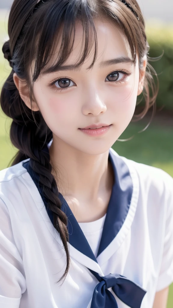 (Beautiful 18 year old Japanese woman), cute face, (deeply carved face:0.7), (freckles:0.6), soft light,healthy white skin, shy, (serious face), thin, smile, uniform, ponytail