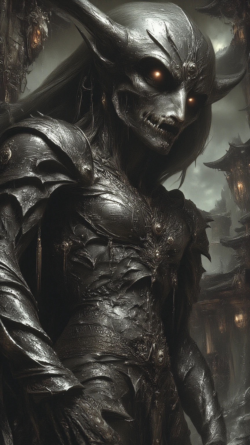 (realistic:1.3), intricate details,painting \(artwork\), ((masterpiece,best quality)), ((cinematic light)), girl,gun,hybrid,hyperealistic, scary, dark fantasy \(style\), detailed armor, detailed helmet