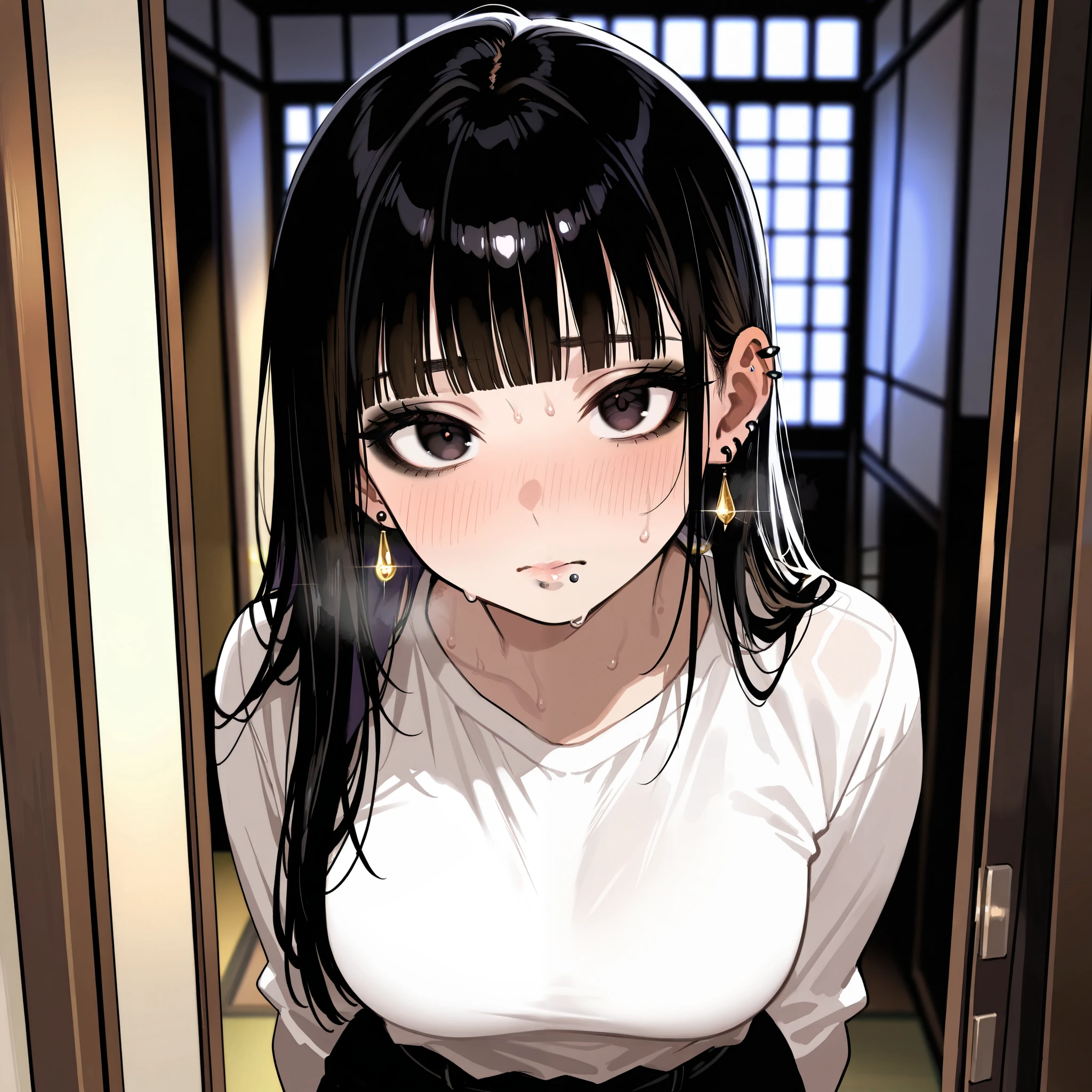 A woman standing forward in a doorway of Japanese renovated house, lights only coming from the windows black hime hair, blunt bangs, Black tucked in shirt, Lip piercing in middle, Black mira earrings with a nervous expression and trying to maintain composure while sweating, head tilted staring at viewer, up-close to her face, medium breasts dark eyes, black eyeshadow, soft plump lips, solo