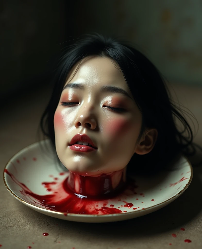 decapitated female head on a bowl, pretty Asian, covered with meat, like soup, ((eyes closed)), served like a food dish, bloody, photorealistic, 4K, Nikon, horror, ahegao face, with front shooting angle, very realistic, (complex detail: 0.9), (hdr, hyperdetail: 1.2), RAW, Sony Alpha a9 II, 24-105mm f/4, HDR,