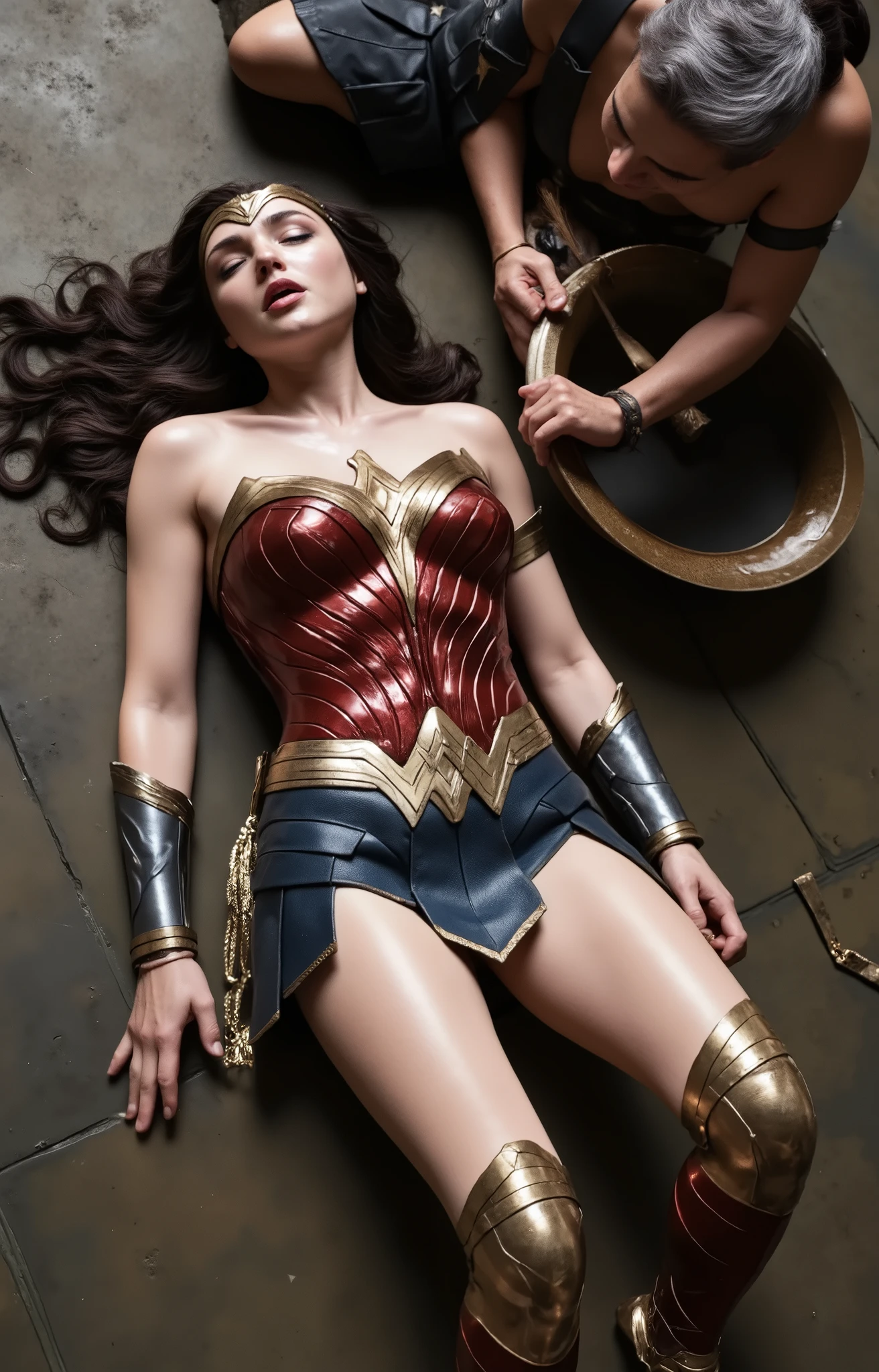 Gal Gadot is Wonder woman, lying unconscious, eyes close, semen on her thighs, semen on face, an ancient male Greek soldier stand beside,