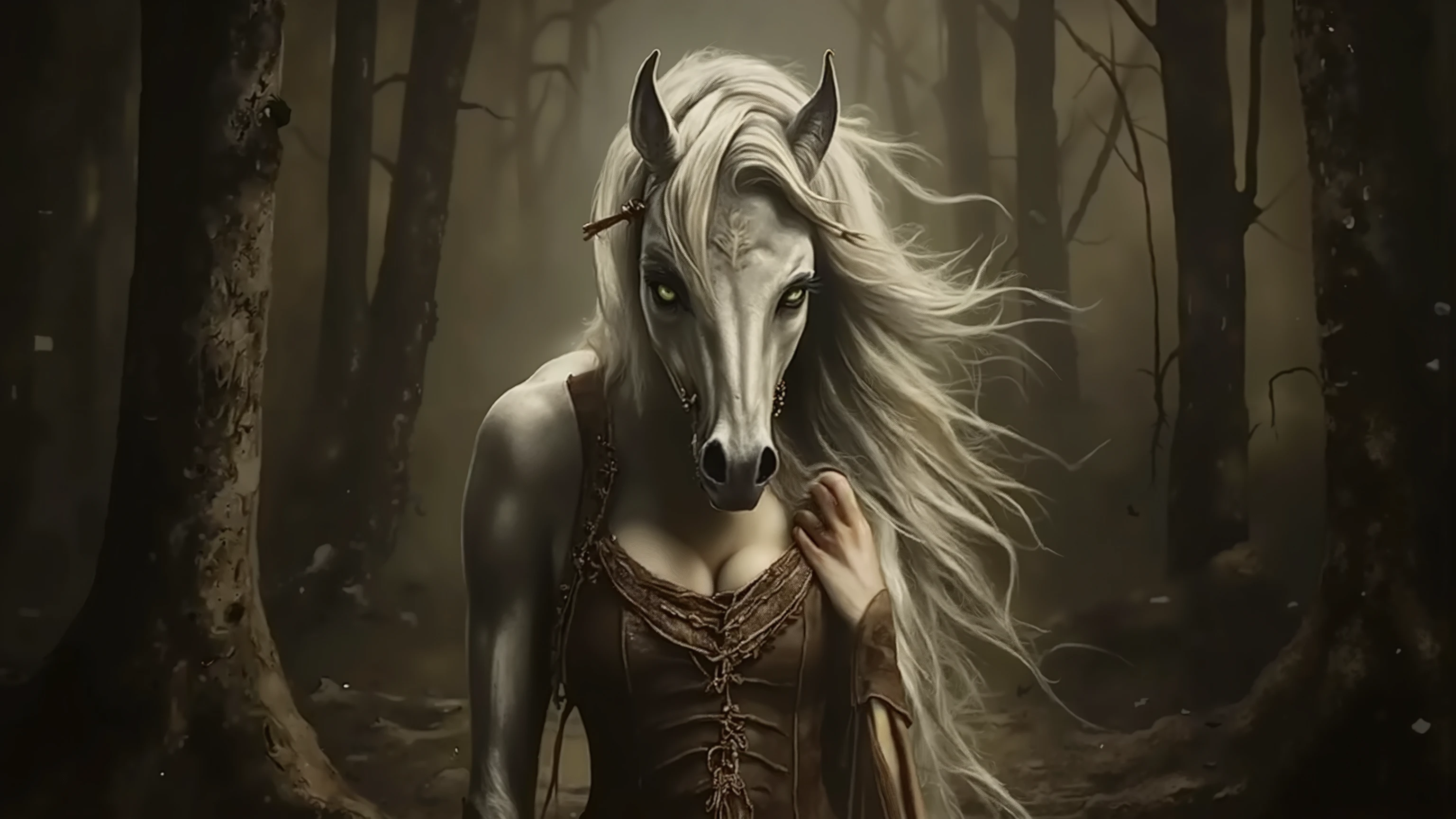 Full body, a realistic female centaur, her stunning upper body is a gorgeous human woman, her legs and lower half a beautiful white Arabian mare, her hair is shock white waves of silk, her eyes a bright mischievous emerald green, she gazes at the viewer seductively and smiles as she makes her way through dark and dense woods, she wears an unbuttoned leather doublet that barely covers her heavy breasts, fantastical, mythical, high definition, 8k, fantasy, realistic, rich textures, perfect hands, perfect face, perfect hair, perfect musculature, 