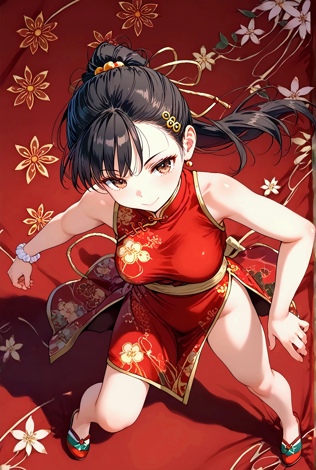 ((masterpiece)), ((best quality)), (ultra-detailed), ((sexy)), (ero), watercolor, beautiful woman, Taiwanese, Boxer, wearing a beautiful black and red Chinese dress , black hair, Dark brown skin, ponytail hairstyle , rugged expression , Beautifully Embroidered on Her Dress , Delicate flower and bird motifs are embroidered with golden threads on her dress, Rin々Shi, extreme posing, dynamic angle, Angle seen from above , ( medium breasts), Wearing spats, Kenpo shoes , Seductive Body , Healthy brown skin, Taiwanese flag hairpin , Pinned on her sideburns, Contrast with Her Smile , Taiwanese Beauty, Embroidered black and red Chinese clothes , Martial Arts Stance , Legs open , Street fighter, Chunli, Beautiful Detailed Background , Add flowers to the background , evening, Draw the whole body,