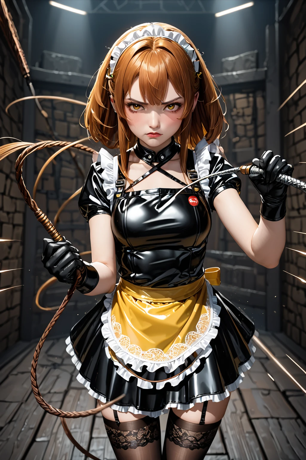  ultra,  The highest quality image ,  artistic masterpiece.  The Japanese-looking girl ,  heavenly beauty , 18+. arrogant, very angry, dissatisfied. copper hair ,  maid bandage .  Black lace latex dress ,  black lace latex skirt ,  black latex stockings ,  black latex gloves,:   (Yellow latex lace apron) .  No naked body . Standing in a dark ,  raw dungeon.Holds a black weapon , whip ping, cutting , whip, fighting stance,((( whipping:1.2, motion blur   ))), arms outstretched , doyagao , входящий vertical whip: 1.2 , incoming horizontal whip: 1.2