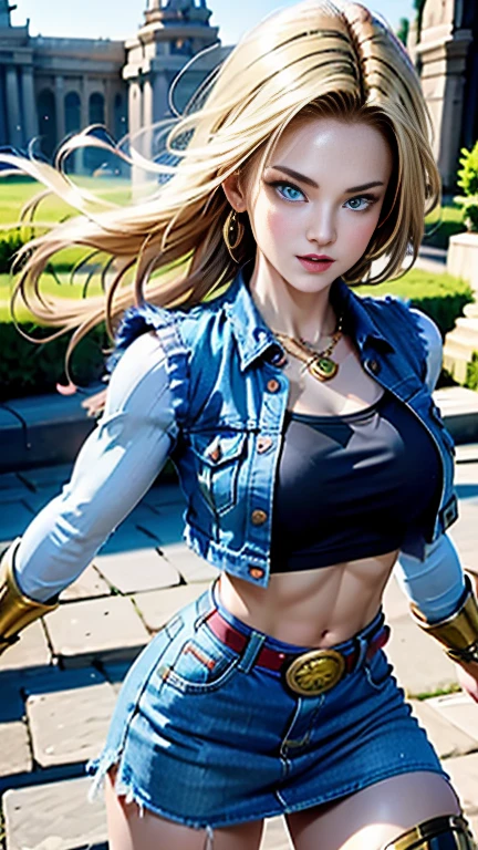 android 18, athletic body, pose sensual, muscle girl, breasts big, shorth hair loiro, blue colored eyes, waist belt, booties, tight blue denim skirt, golden necklace, black leotard, shorth hair, striped long sleeves, earrings, open vest, denim vest, cowboy photo, CityView, facing the front, (climate: windy), cute smile, long pantyhose, battle ruins, (RAW Photos, 8k Ultra HD, film grain)