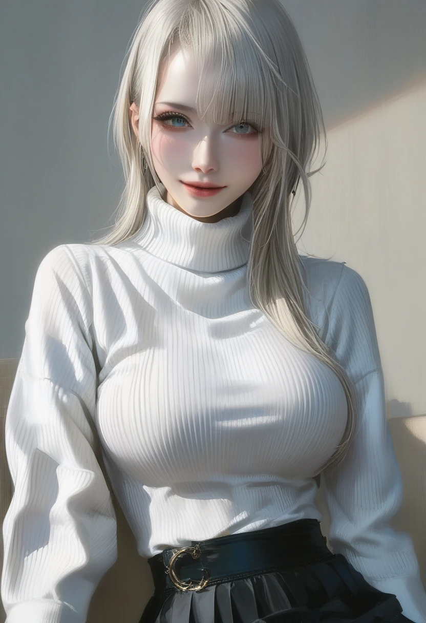 score_9, score_8_up, score_7_up, score_6_up, portraits, good anatomy, masterpiece, best quality, realistic, 1girl, beautifull eyes, beautifull face, detailed eyes and face, dynamic lighting, in the dark, deep shadow, low key, cowboy shot, closed mouth, (((turtleneck, grey skirt, white long sleeve sweater))), ((large full breasts)), sitting, cross legs, evil smile, closed mouth,
BREAK blonde white hair, hime cut hairstyle, pale porcelain white skin, natural makeup, blush