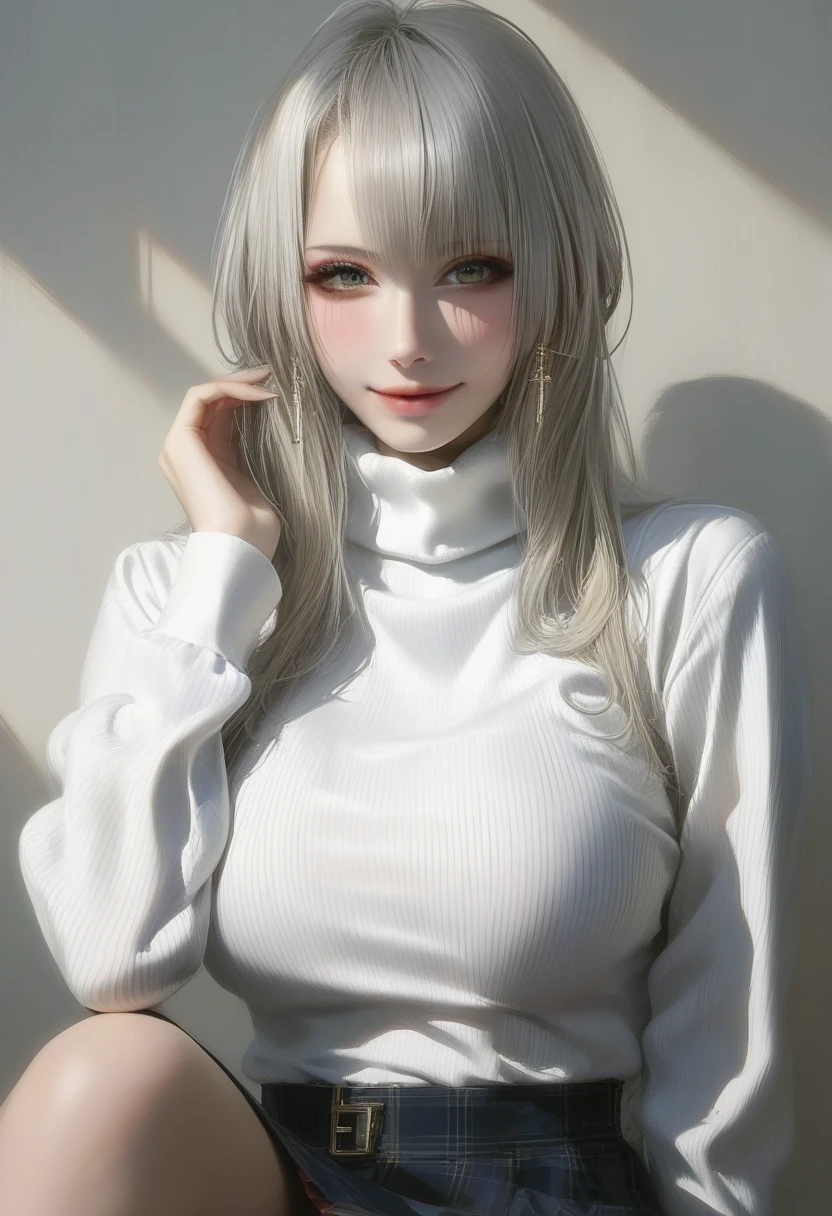 score_9, score_8_up, score_7_up, score_6_up, portraits, good anatomy, masterpiece, best quality, realistic, 1girl, beautifull eyes, beautifull face, detailed eyes and face, dynamic lighting, in the dark, deep shadow, low key, cowboy shot, closed mouth, (((turtleneck, grey skirt, white long sleeve sweater))), ((large full breasts)), sitting, cross legs, evil smile, closed mouth,
BREAK blonde white hair, hime cut hairstyle, pale porcelain white skin, natural makeup, blush