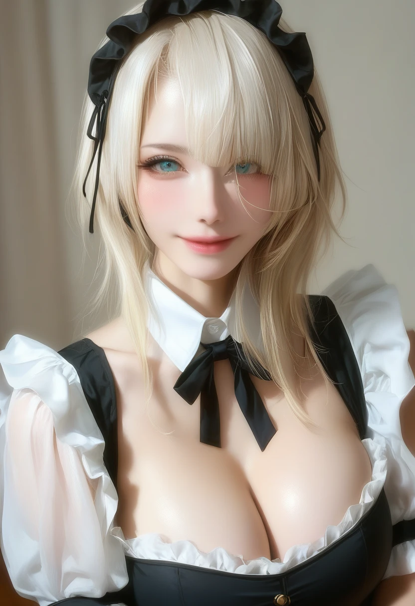 score_9, score_8_up, score_7_up, score_6_up, portraits, good anatomy, masterpiece, best quality, realistic, 1girl, beautifull eyes, beautifull face, detailed eyes and face, dynamic lighting, in the dark, deep shadow, low key, cowboy shot, closed mouth, (((maid uniform))), ((large full breasts)), sitting, smile, closed mouth,
BREAK blonde white hair, hime cut hairstyle, pale porcelain white skin, blush