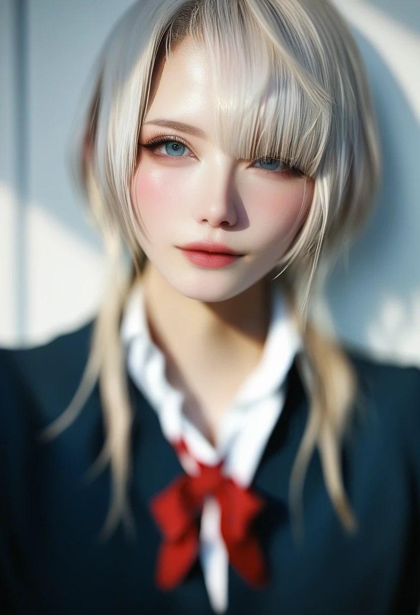 score_9, score_8_up, score_7_up, score_6_up, portraits, good anatomy, masterpiece, best quality, realistic, 1girl, beautifull eyes, beautifull face, detailed eyes and face, dynamic lighting, in the dark, deep shadow, low key, cowboy shot, closed mouth, (((school uniform))), ((medium breasts)), sitting, 
BREAK blonde white hair, hime cut hairstyle, pale porcelain white skin, blush