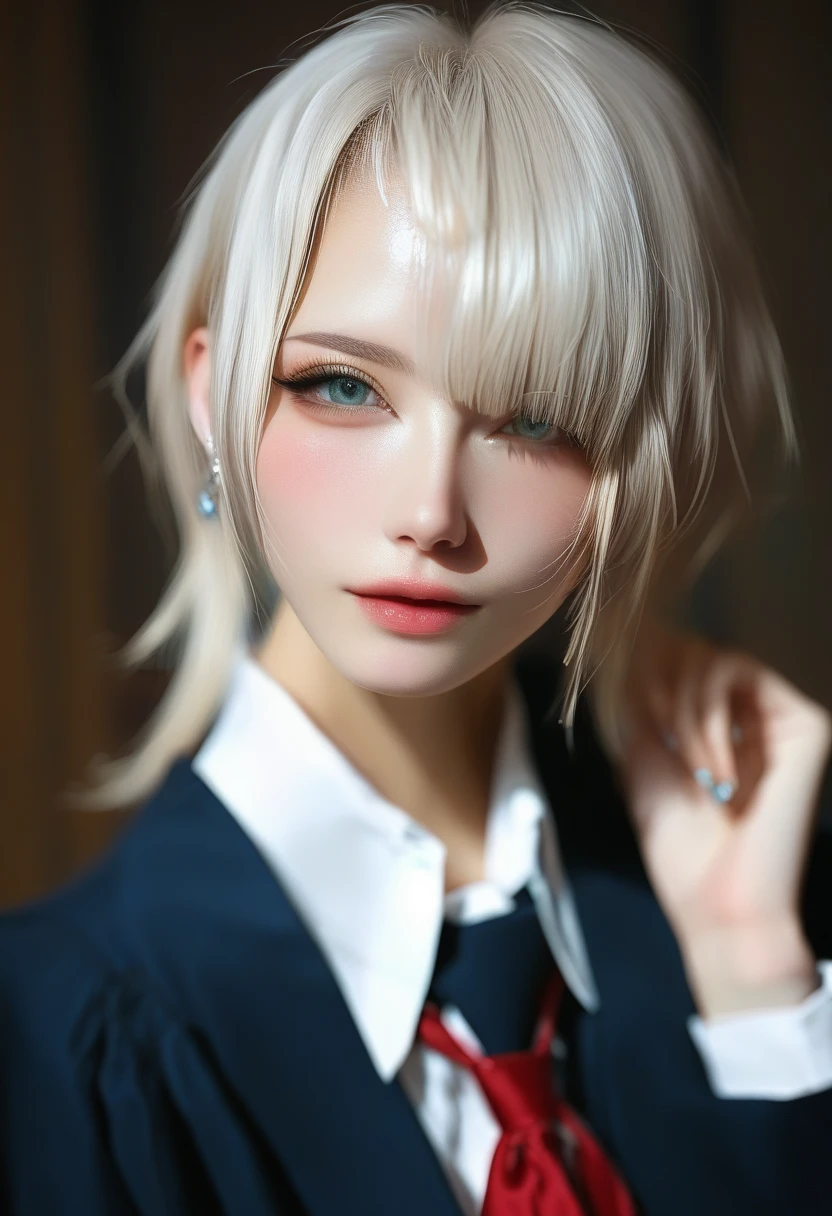 score_9, score_8_up, score_7_up, score_6_up, portraits, good anatomy, masterpiece, best quality, realistic, 1girl, beautifull eyes, beautifull face, detailed eyes and face, dynamic lighting, in the dark, deep shadow, low key, cowboy shot, closed mouth, (((school uniform))), ((medium breasts)), sitting, 
BREAK blonde white hair, hime cut hairstyle, pale porcelain white skin, blush