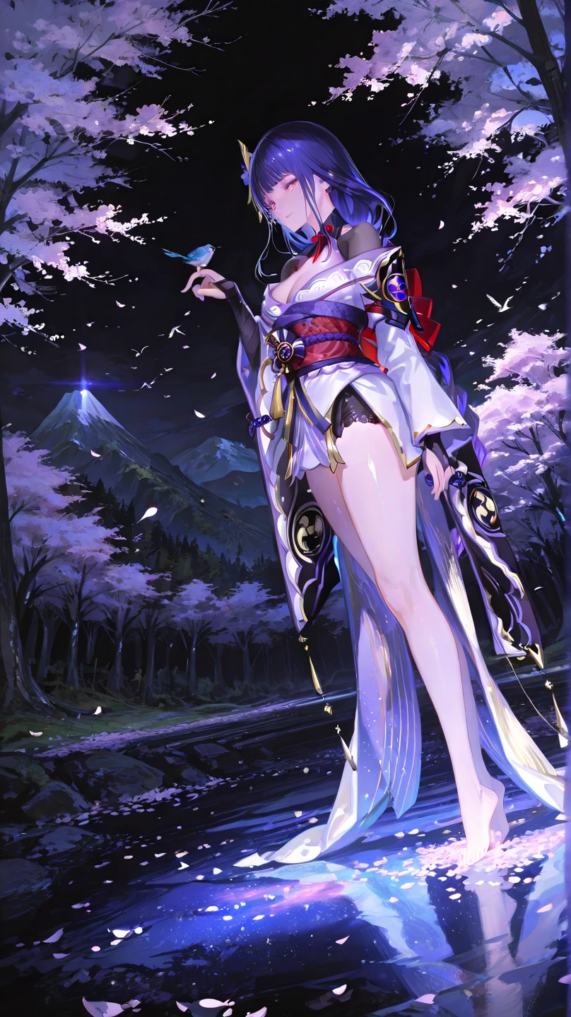 solo, raiden shogun, outdoors, seductive smile, forest, cherry blossoms, falling leaves, bird on hand, from side, mountain, full body,
HDR, 8K, high contrast,Smooth Quality , masterpiece, best quality, amazing quality, very aesthetic, high resolution, ultra-detailed, absurdres, photorealistic, volumetric lighting, dramatic shadows, cinematic lighting, newest, scenery, holographic colors,high contrast color,illustration, perfect composition,perspective, intricate details, , incredibly absurdres,  cute, gradient colors,  BREAK ,nsfw, ambient occlusion, raytracing, soft lighting, blum effect, absolutely eye-catching,high gamut colors,  glow, shining, intricate cinematic background, (beautiful face),BREAK  highly detailed,BREAK,photo realistic,Dutch angle,BREAK,
nsfw, usnr, 748cmstyle,dark background,shiny skin,
BREAK,beautiful eyes, big eyes, detailed eyes, detailed pupils, perfect body, (reflective eyes),