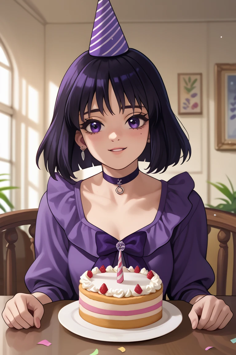 puntuación_9, puntuación_8_arriba, puntuación_7_arriba,  source _animé, solo, 1 chica, Tomoe Hotaru, SONRISA, LOOKING AT VIEWER, MIDLE HAIR, cabello negro, bobcUT, ojos morados, PURPLE CUTE DRESS, estrella brooch, estrella choker, WEARING BIRTHDAY PARTY HAT, BIRTHDAY CAKE IN TABLE, BIRTHDAY PARTY BACKGROUND, CABElLo LISO