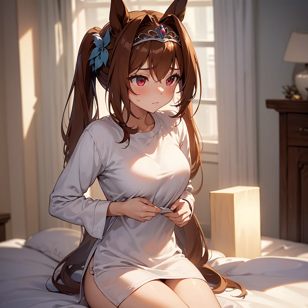 ((best quality)), ((masterpiece)), (Detailed), 1 Wolf girl, tied up in bed, Messi good, Rose Mini skirt, wet White semi invisble Short top, pink choker, shy looking upwards, Rose and White Striped overknee socks, Background with sex toys and candles, some Accessoires, medium big ((best quality)), ((masterpiece)), (Detailed), 1 Wolf Girl, tied in bed, Brown hair, Messi good, pink miniskirt, wet white shirt blouse, pink collar with leash, held by a fox by the hand, look up shyly, Overknee socks with pink and white stripes, Background with a shelf full of sex toys, some accessories,