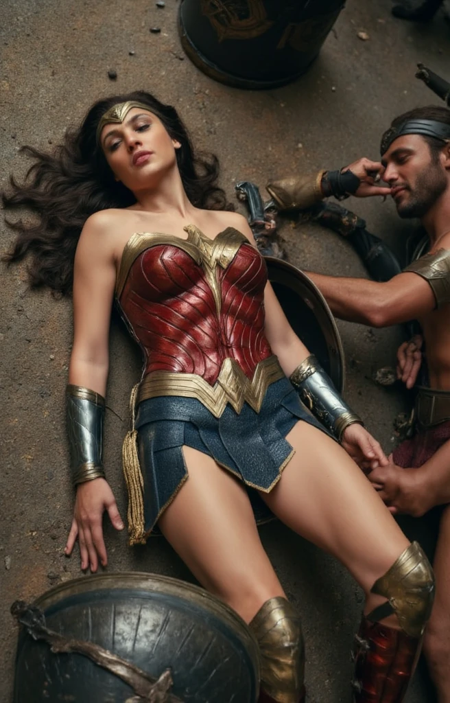 Gal Gadot is Wonder woman, lying unconscious, semen on her thighs, semen on face, a lot of ancient Greek soldier around, they all naked,