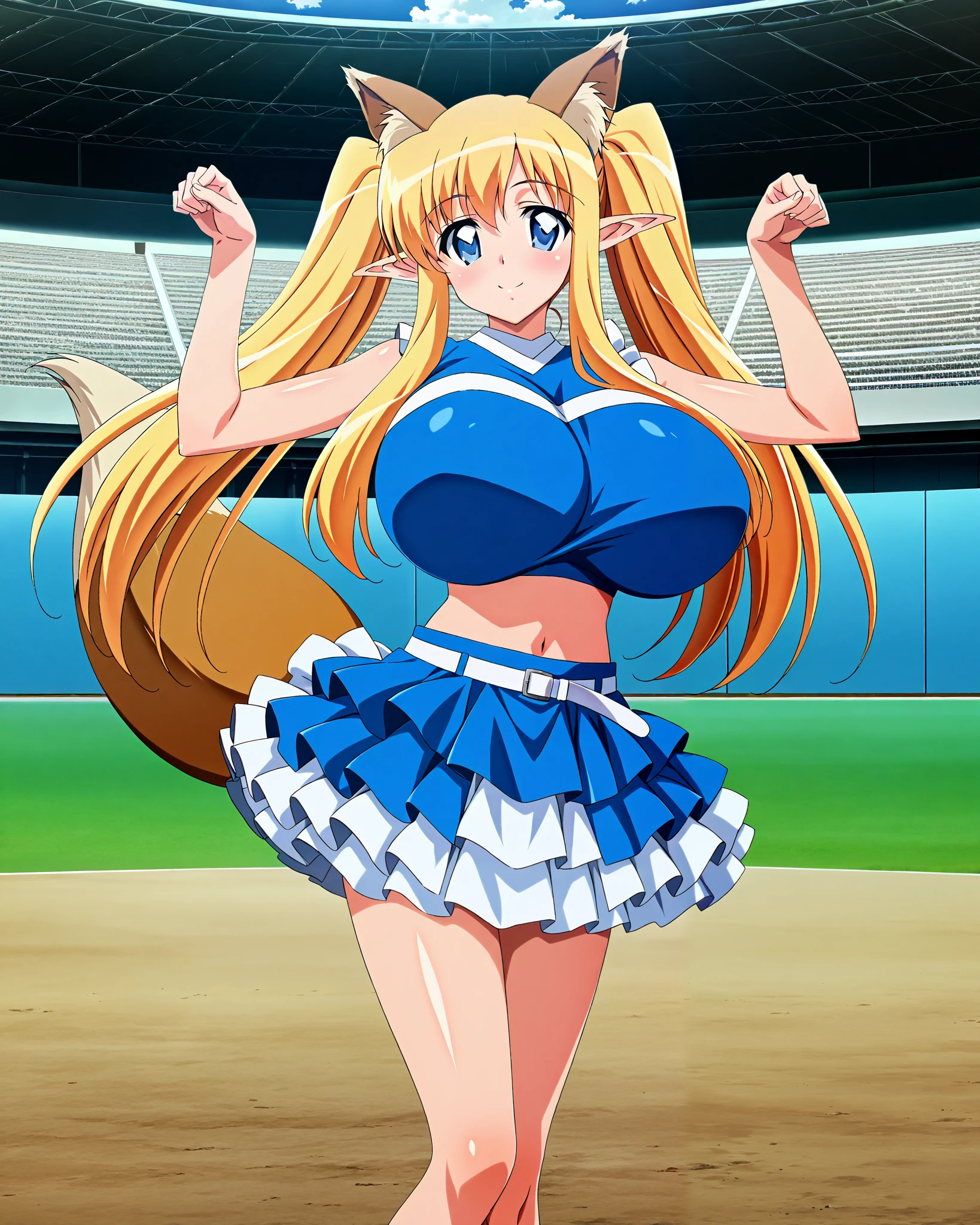 score_9, score_8_up, score_7_up, source_anime, anime coloring, anime screencap, 1 girl, alone, Tiffania Westwood (zero no tsukaima), elf, blonde hair, twin tails, blue eyes, closed mouth, sweet smile, white beautiful skin, looking at viewer, slim body, gigantic breasts, kitsune dance, cheerleader, layered skirt, paw pose, fox ears, white belt, fox tail, blue shirt, blue skirt, crop top, sleeveless shirt, midrif, baseball stadium